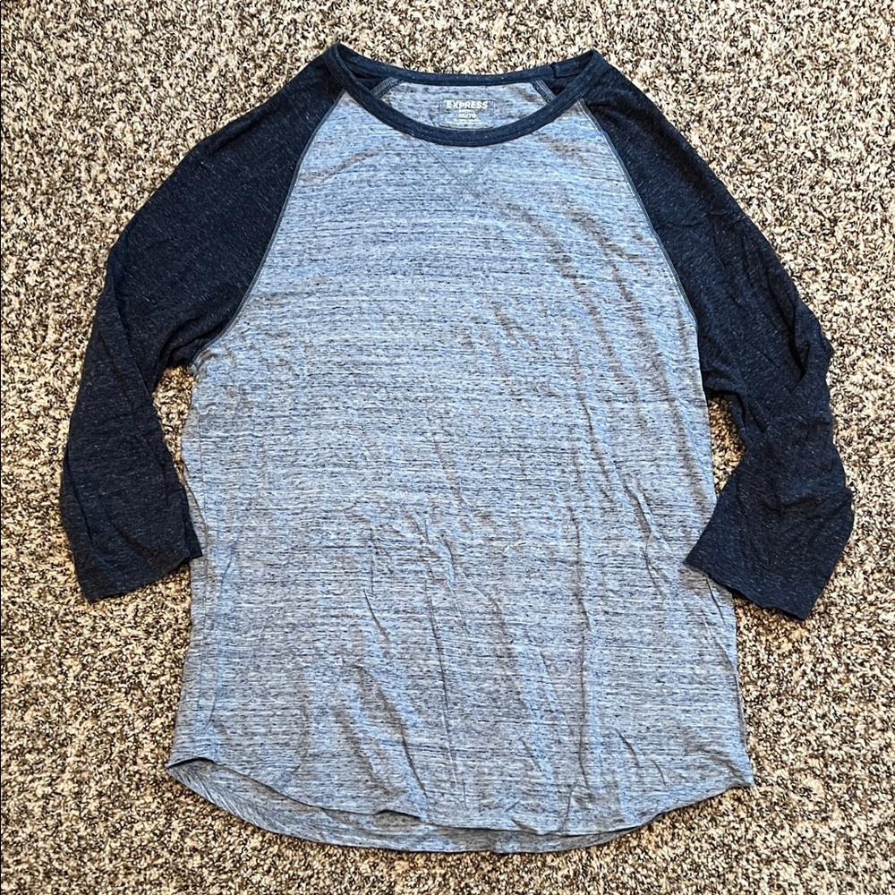 Express XL Men’s Top Navy Blue Heathered Gray Baseball Tee SPORTY Preppy
